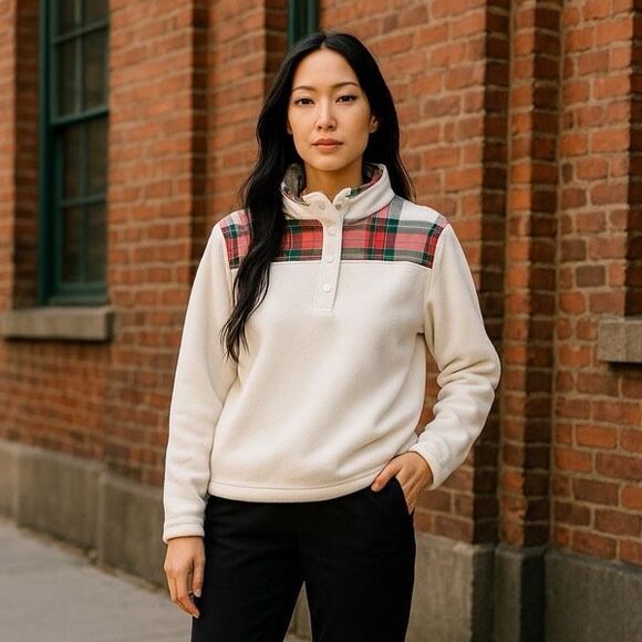 Crown & Ivy NWT Women's Ivory Tartan Plaid Fleece Pullover Jacket Size L Holiday - Picture 1 of 11